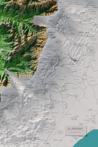 Mapa de relieve del Priorat, con el territorio en color y el entorno en blanco. Detalle de la zona inferior derecha. 61 × 91 cm. Estilo Clásico.