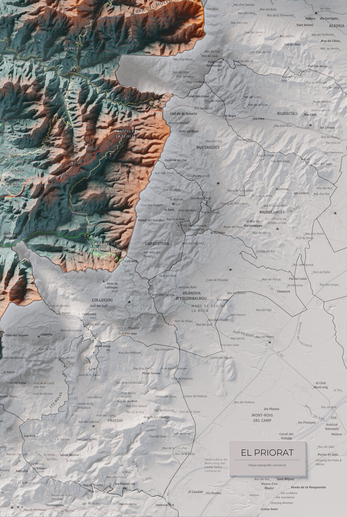 Mapa de relieve del Priorat, con el territorio en color y el entorno en blanco. Detalle de la zona inferior derecha. 61 × 91 cm. Estilo Azul y naranja.