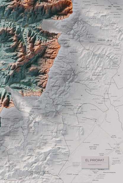 Mapa de relieve del Priorat, con el territorio en color y el entorno en blanco. Detalle de la zona inferior derecha. 61 × 91 cm. Estilo Azul y naranja.