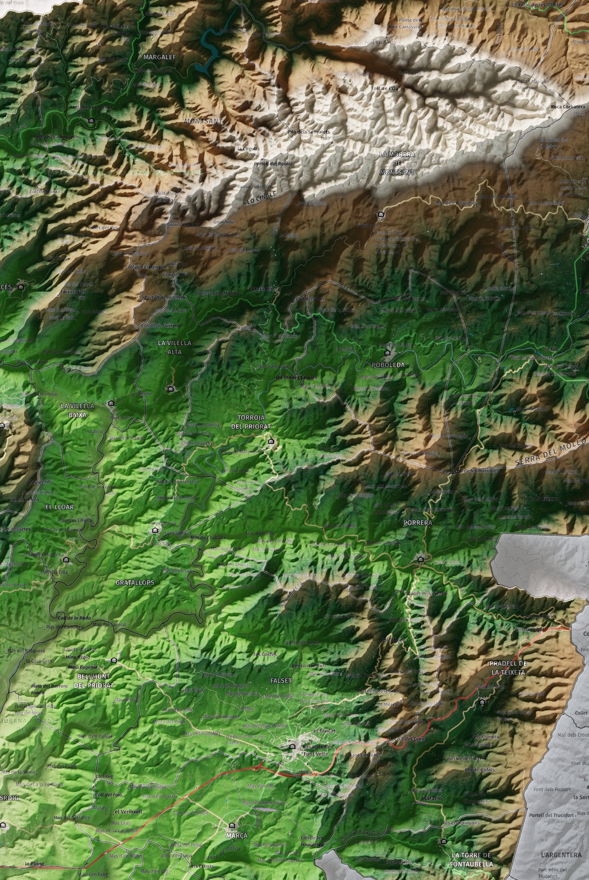 Mapa de relieve del Priorat, con el territorio en color y el entorno en blanco. Detalle de la zona central. 61 × 91 cm. Estilo Clásico.