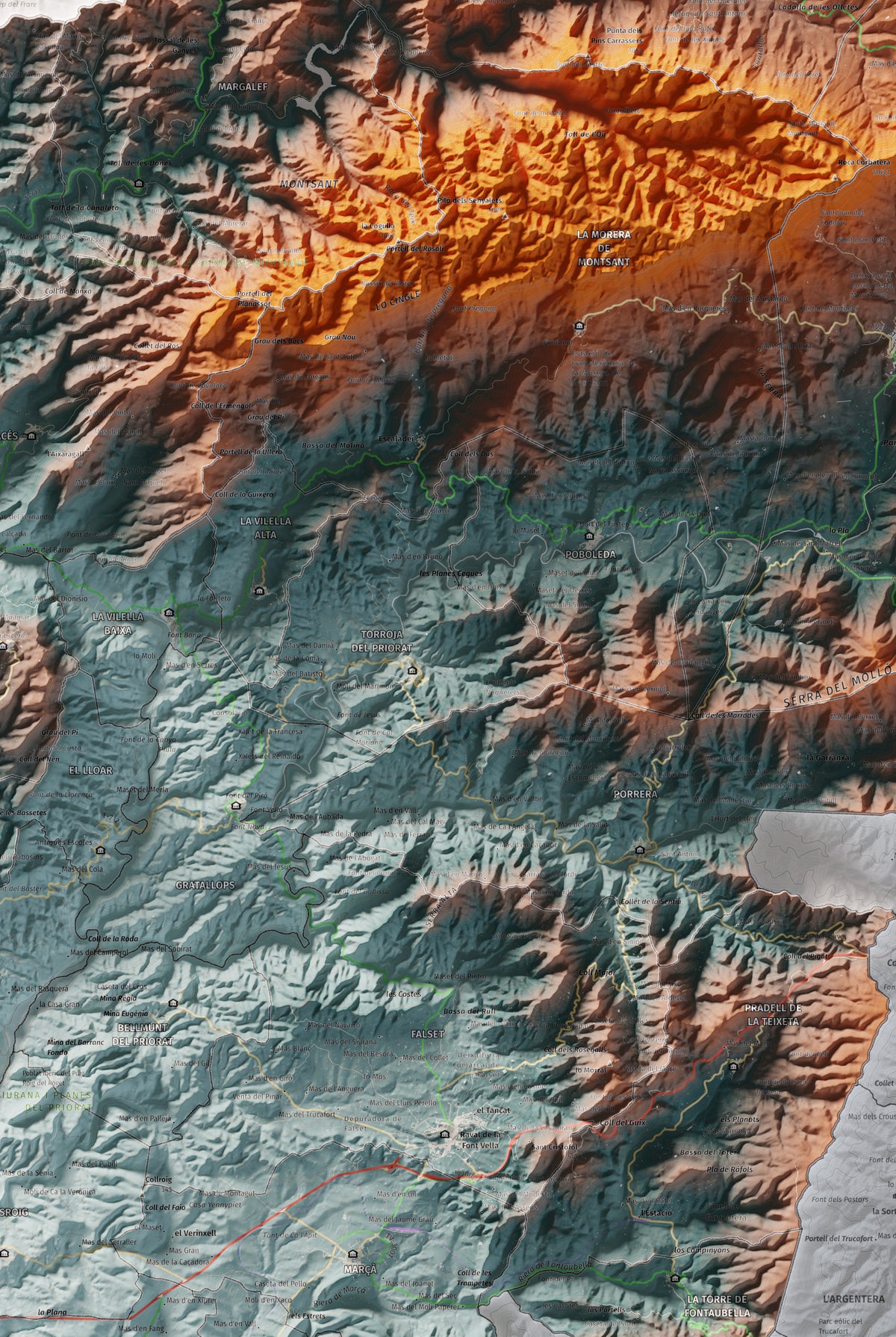 Mapa de relieve del Priorat, con el territorio en color y el entorno en blanco. Detalle de la zona central. 61 × 91 cm. Estilo Azul y naranja.