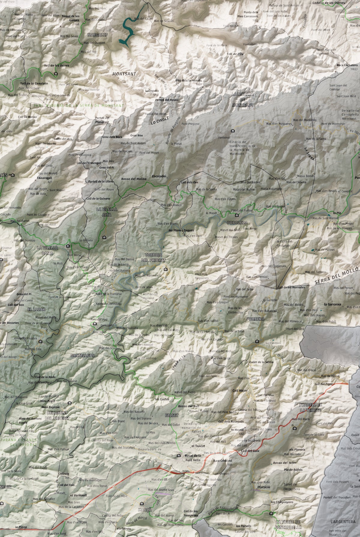 Mapa de relieve del Priorat, con el territorio en color y el entorno en blanco. Detalle de la zona central. 61 × 91 cm. Estilo Cartográfico.