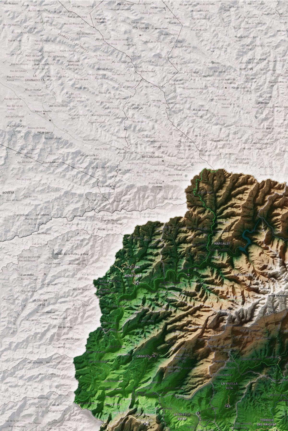 Mapa de relieve del Priorat, con el territorio en color y el entorno en blanco. Detalle de la zona superior izquierda. 61 × 91 cm. Estilo Clásico.
