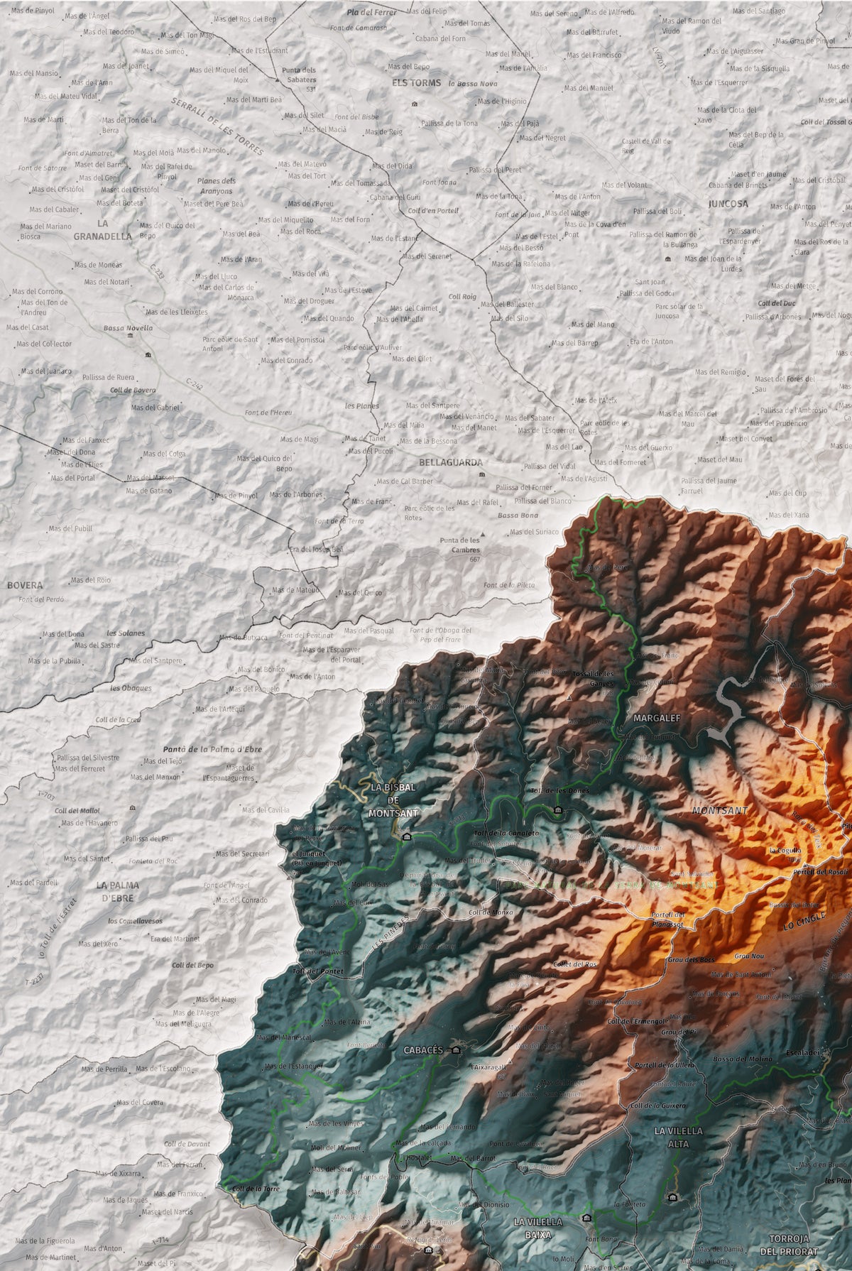 Mapa de relieve del Priorat, con el territorio en color y el entorno en blanco. Detalle de la zona superior izquierda. 61 × 91 cm. Estilo Azul y naranja.