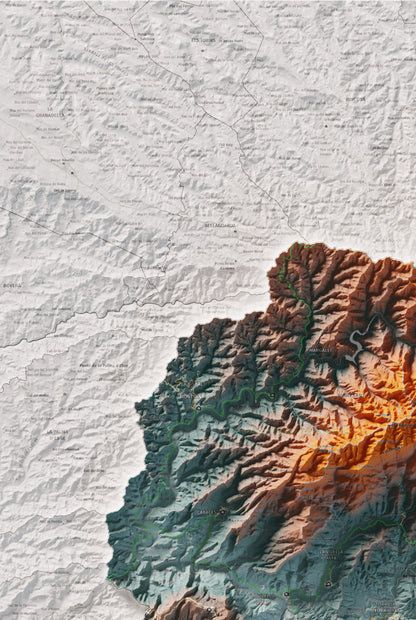Mapa de relieve del Priorat, con el territorio en color y el entorno en blanco. Detalle de la zona superior izquierda. 61 × 91 cm. Estilo Azul y naranja.