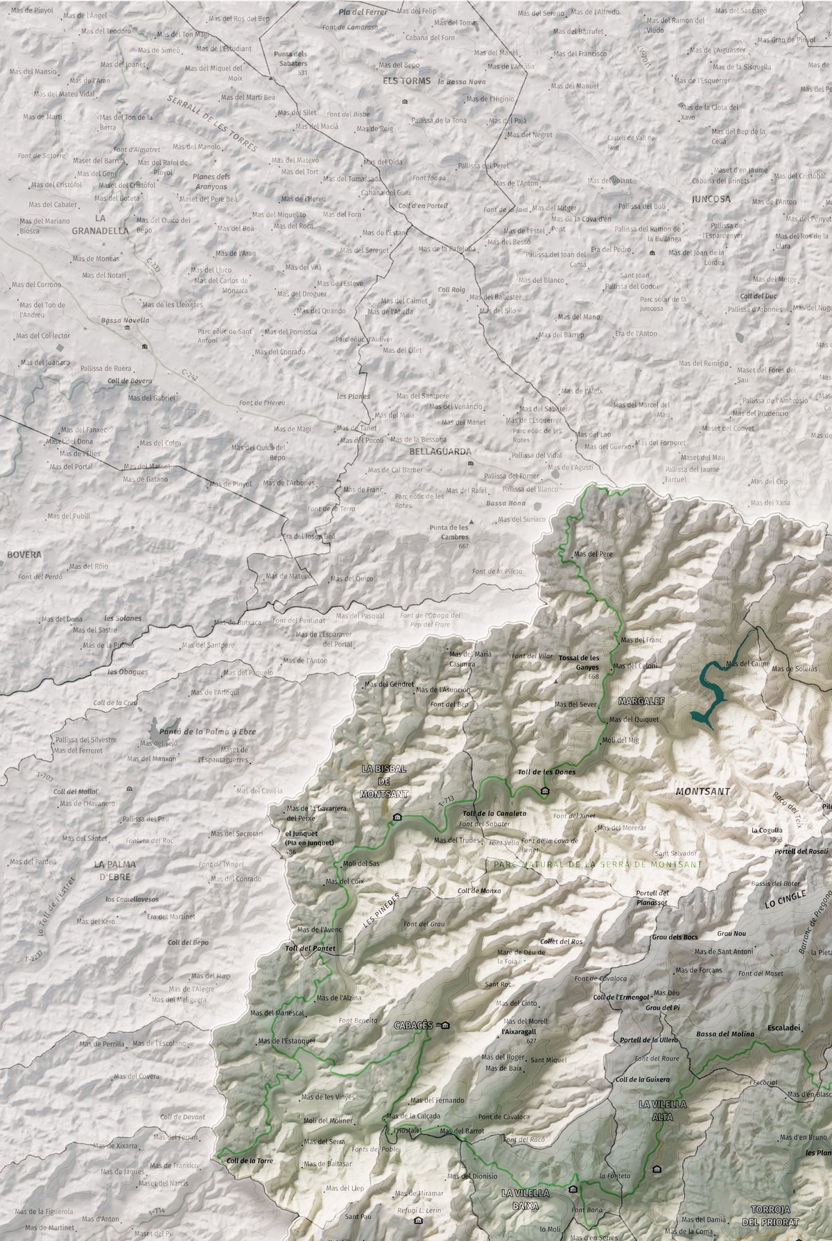 Mapa de relieve del Priorat, con el territorio en color y el entorno en blanco. Detalle de la zona superior izquierda. 61 × 91 cm. Estilo Cartográfico.
