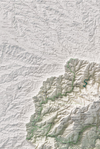 Mapa de relieve del Priorat, con el territorio en color y el entorno en blanco. Detalle de la zona superior izquierda. 61 × 91 cm. Estilo Cartográfico.