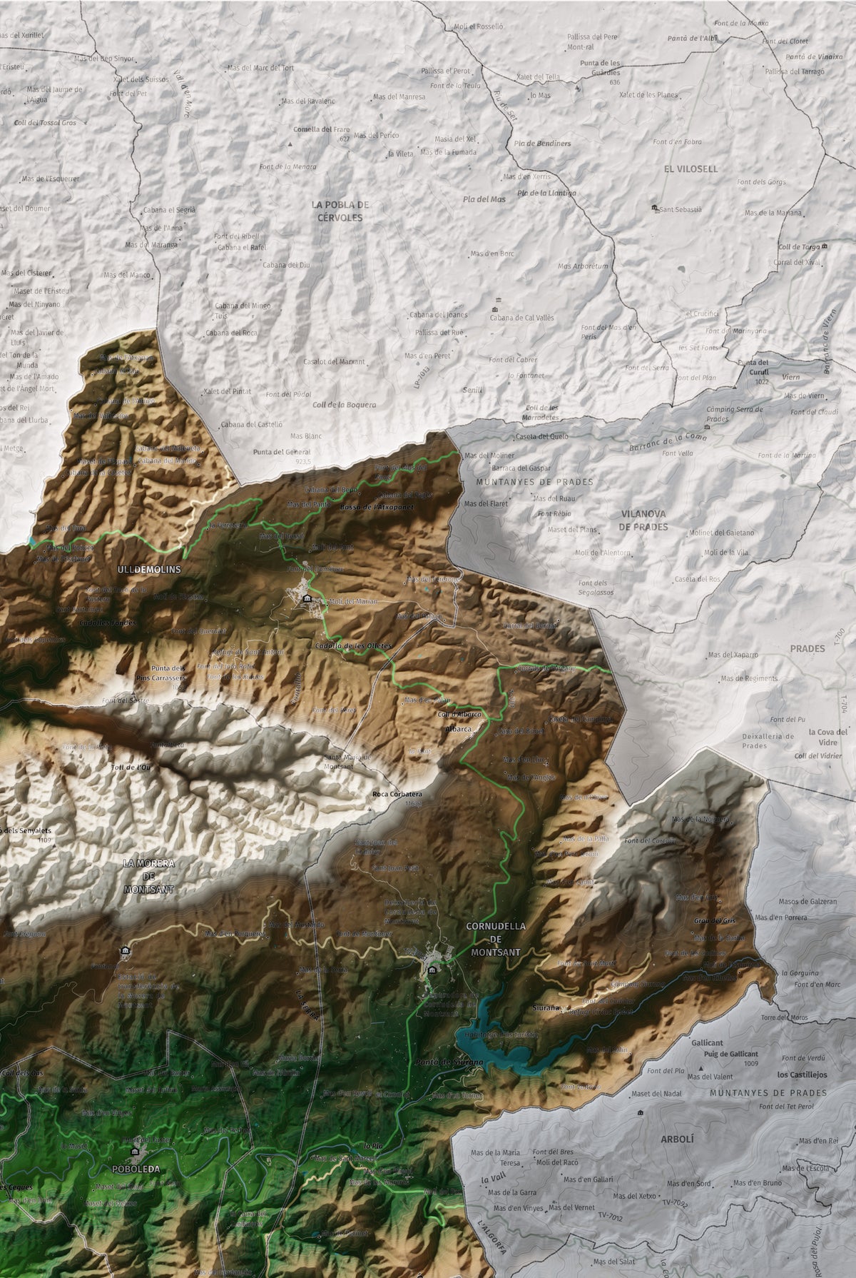 Mapa de relieve del Priorat, con el territorio en color y el entorno en blanco. Detalle de la zona superior derecha. 61 × 91 cm. Estilo Clásico.