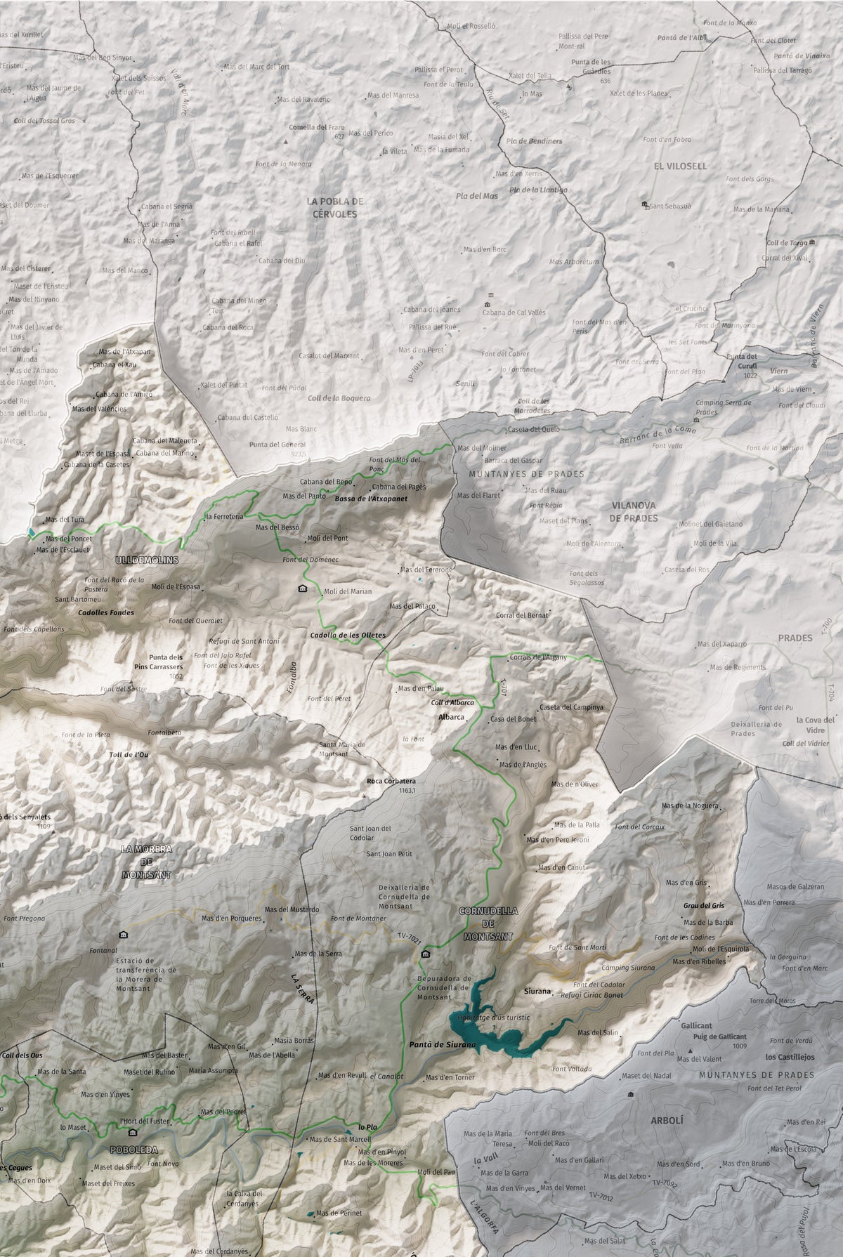 Mapa de relieve del Priorat, con el territorio en color y el entorno en blanco. Detalle de la zona superior derecha. 61 × 91 cm. Estilo Cartográfico.