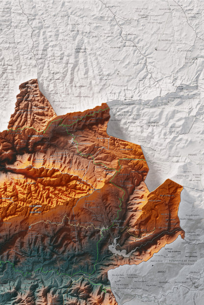 Mapa de relieve del Priorat, con el territorio en color y el entorno en blanco. Detalle de la zona superior derecha. 61 × 91 cm. Estilo Azul y naranja.