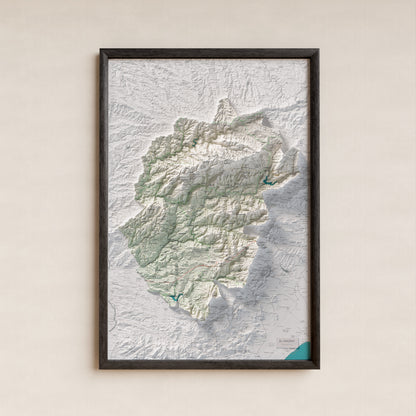 Mapa de relieve del Priorat, con el territorio en color y el entorno en blanco. Presentación con marco. 61 × 91 cm. Estilo Cartográfico.