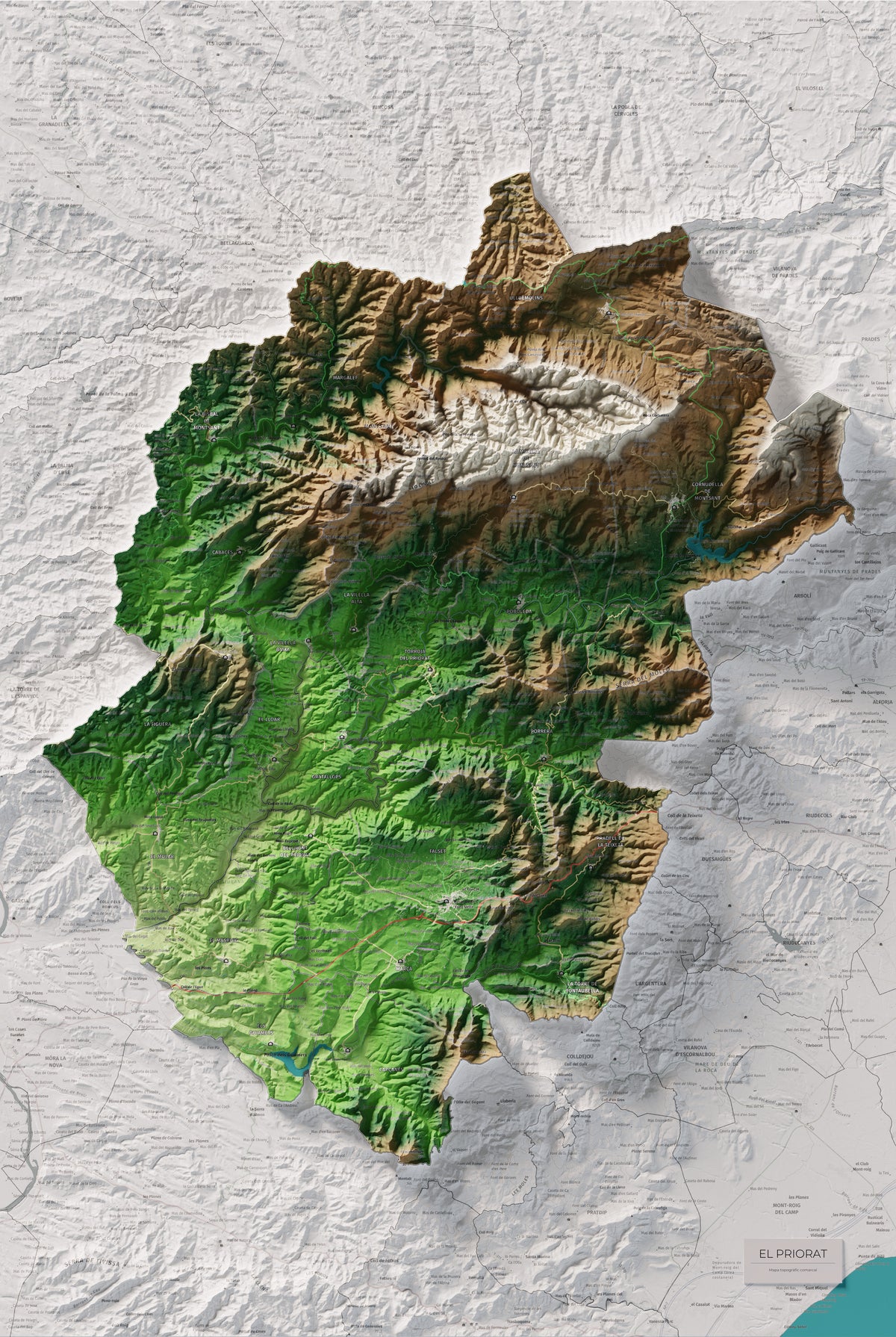 Mapa de relieve del Priorat, con el territorio en color y el entorno en blanco. Vista completa de la lámina. 61 × 91 cm. Estilo Clásico.