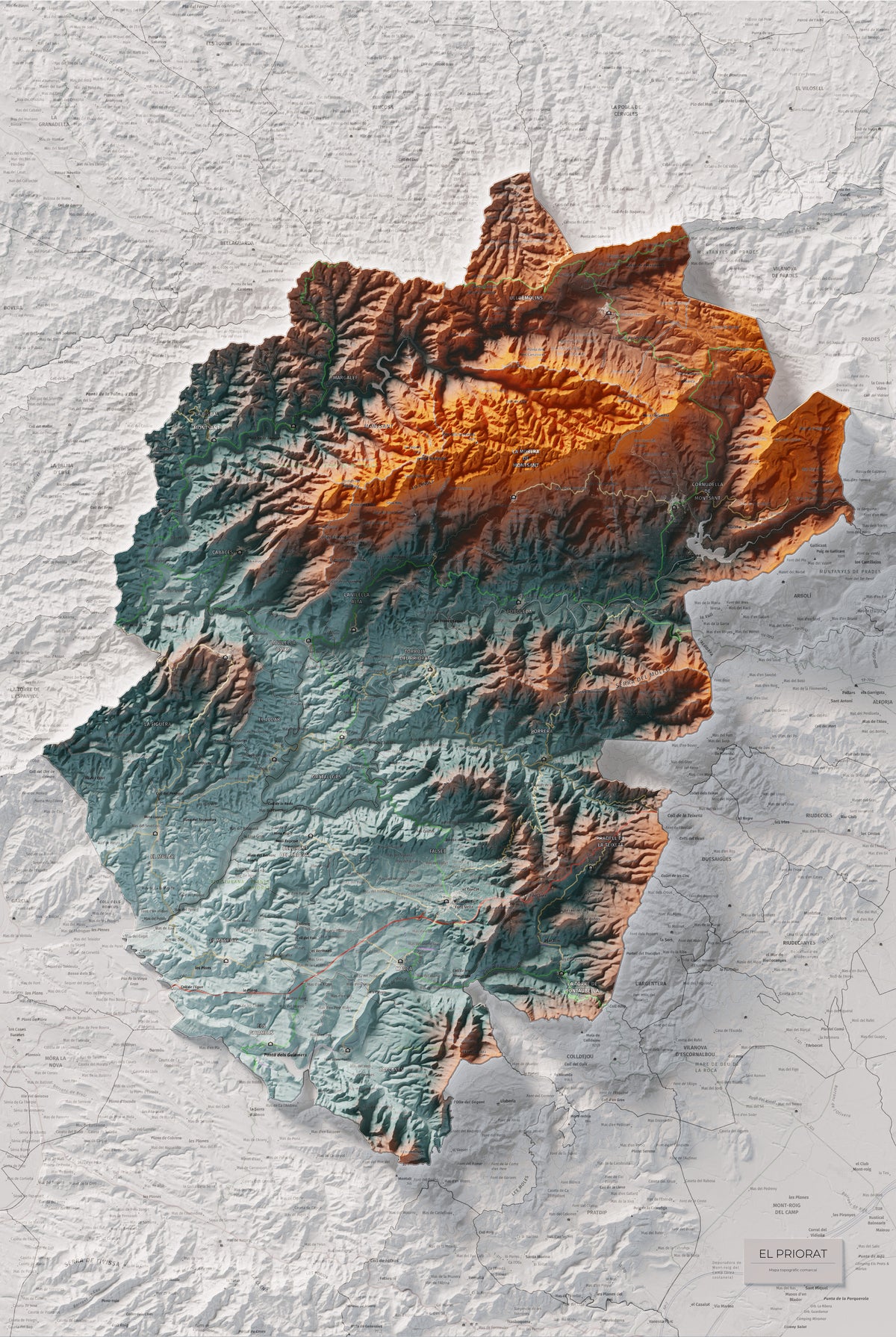 Mapa de relieve del Priorat, con el territorio en color y el entorno en blanco. Vista completa de la lámina. 61 × 91 cm. Estilo Azul y naranja.