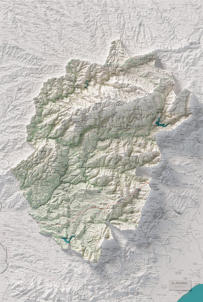 Mapa de relieve del Priorat, con el territorio en color y el entorno en blanco. Vista completa de la lámina. 61 × 91 cm. Estilo Cartográfico.