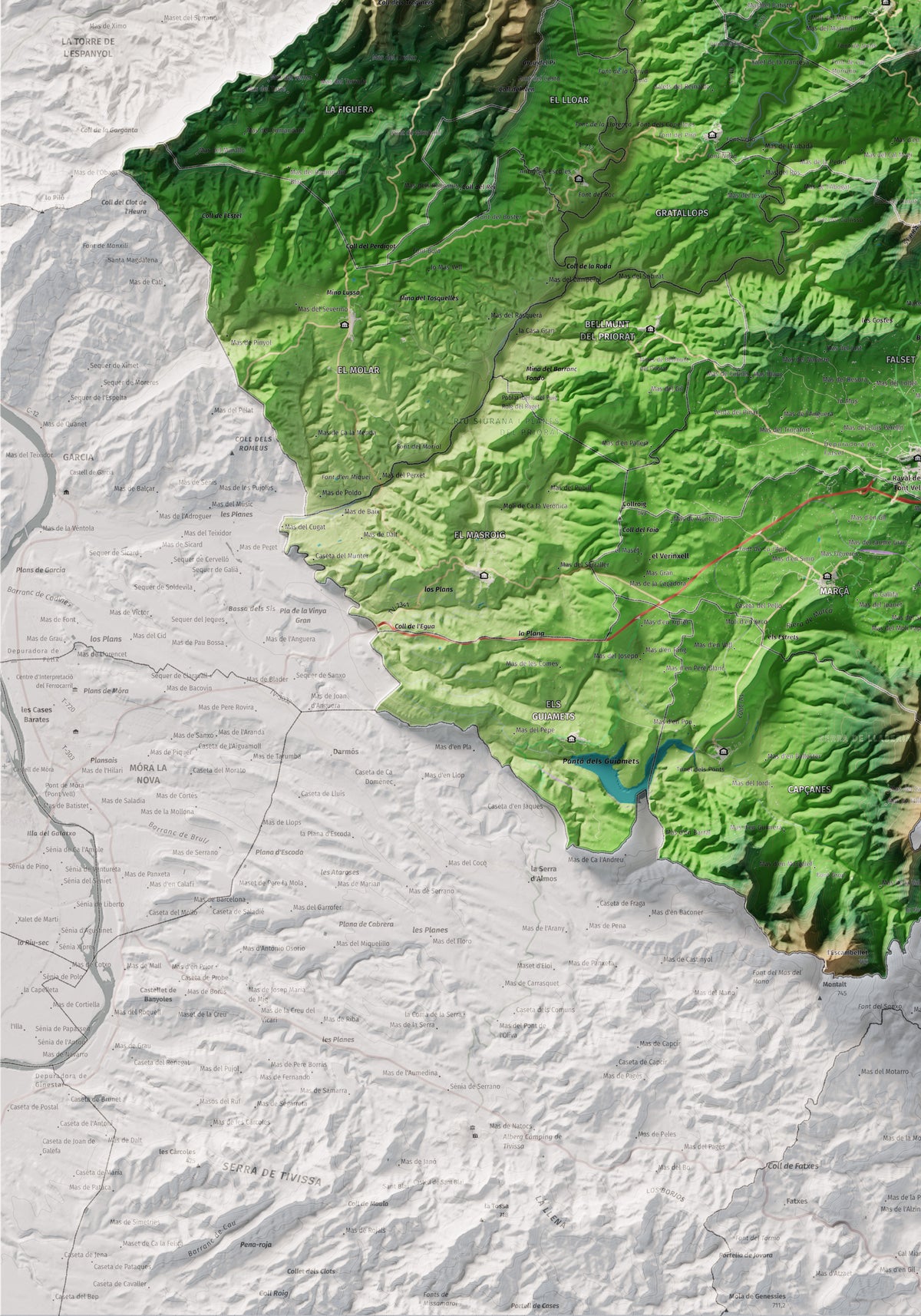 Mapa de relieve del Priorat, con el territorio en color y el entorno en blanco. Detalle de la zona inferior izquierda. 70 × 100 cm. Estilo Clásico.