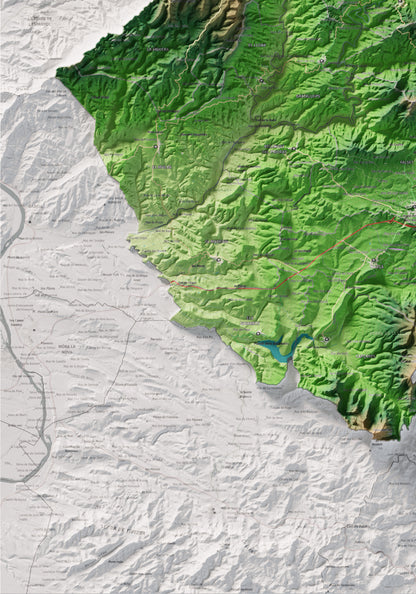 Mapa de relieve del Priorat, con el territorio en color y el entorno en blanco. Detalle de la zona inferior izquierda. 70 × 100 cm. Estilo Clásico.