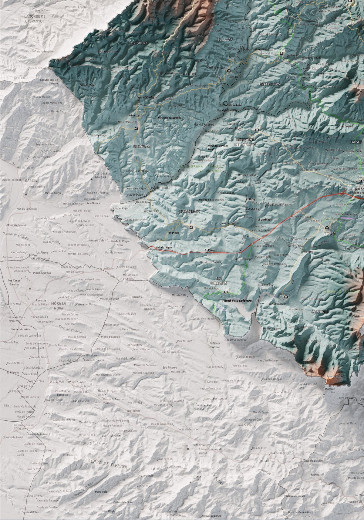 Mapa de relieve del Priorat, con el territorio en color y el entorno en blanco. Detalle de la zona inferior izquierda. 70 × 100 cm. Estilo Azul y naranja.