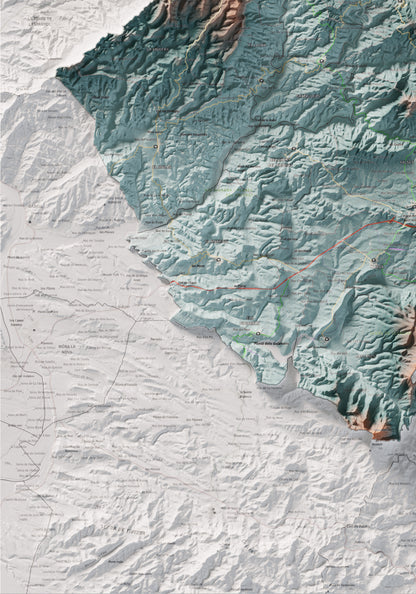 Mapa de relieve del Priorat, con el territorio en color y el entorno en blanco. Detalle de la zona inferior izquierda. 70 × 100 cm. Estilo Azul y naranja.
