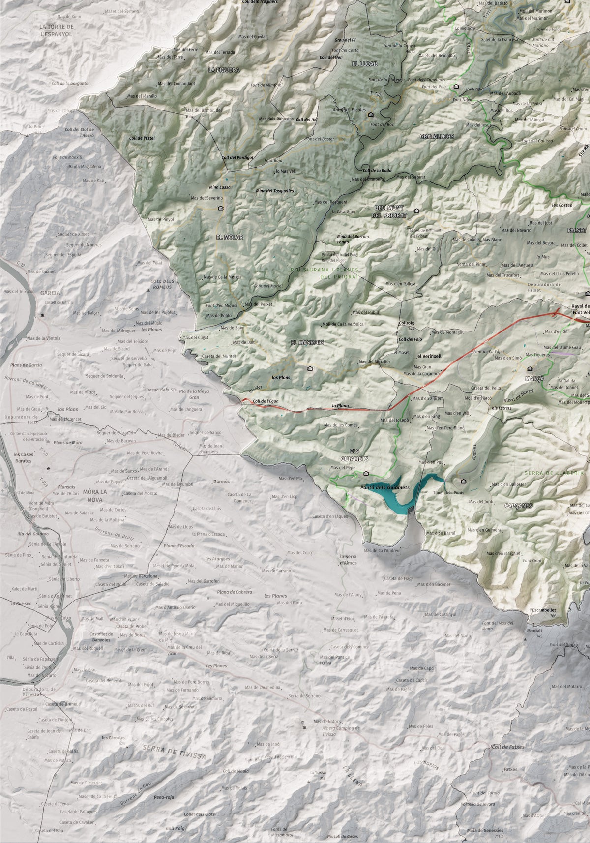 Mapa de relieve del Priorat, con el territorio en color y el entorno en blanco. Detalle de la zona inferior izquierda. 70 × 100 cm. Estilo Cartográfico.