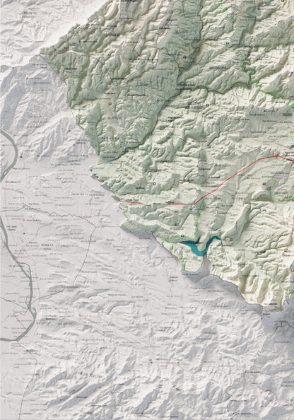 Mapa de relieve del Priorat, con el territorio en color y el entorno en blanco. Detalle de la zona inferior izquierda. 70 × 100 cm. Estilo Cartográfico.