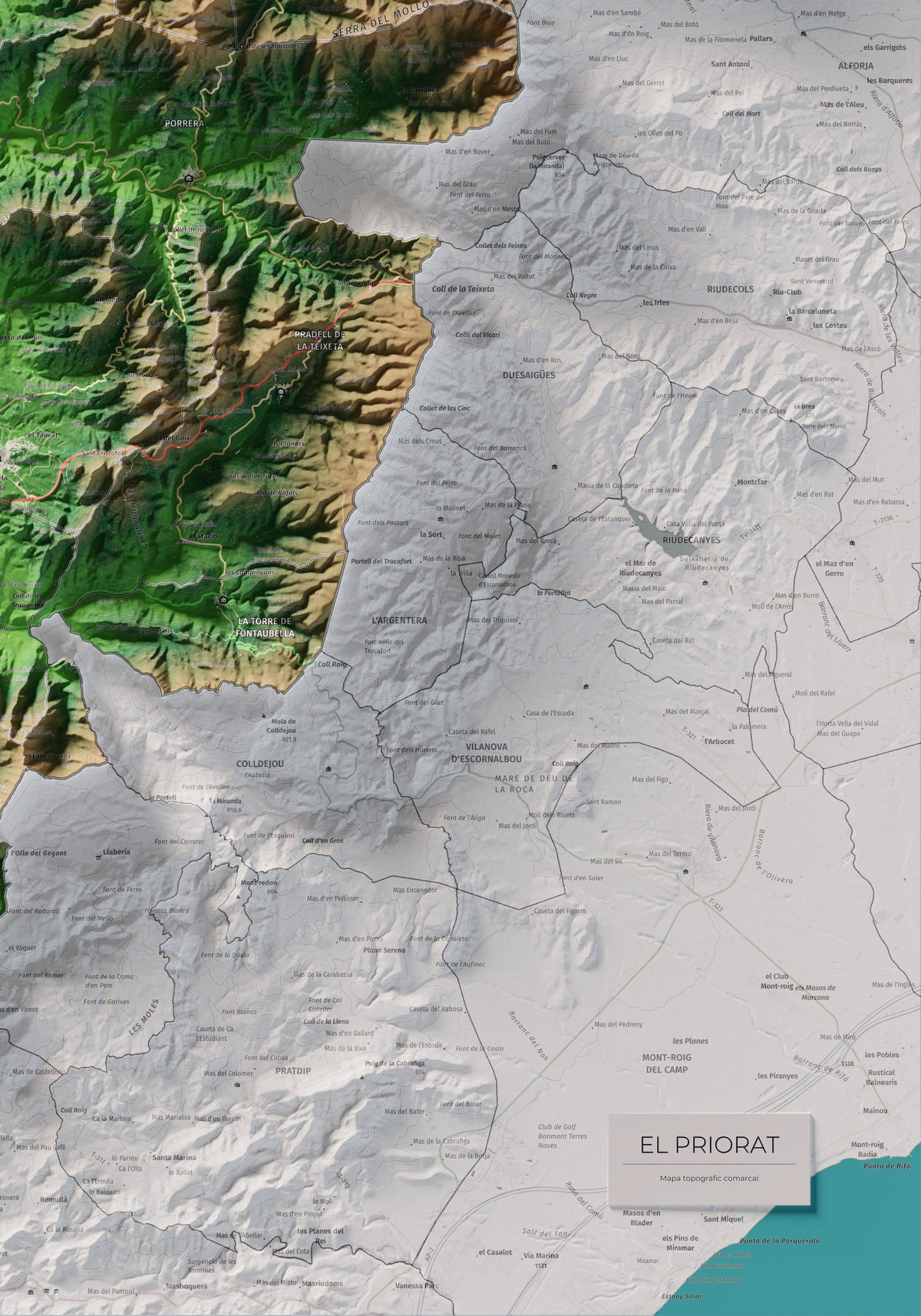 Mapa de relieve del Priorat, con el territorio en color y el entorno en blanco. Detalle de la zona inferior derecha. 70 × 100 cm. Estilo Clásico.