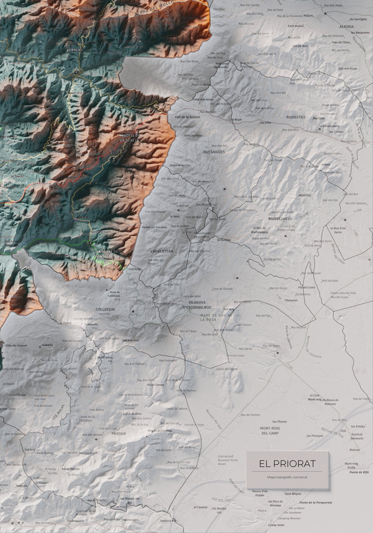 Mapa de relieve del Priorat, con el territorio en color y el entorno en blanco. Detalle de la zona inferior derecha. 70 × 100 cm. Estilo Azul y naranja.