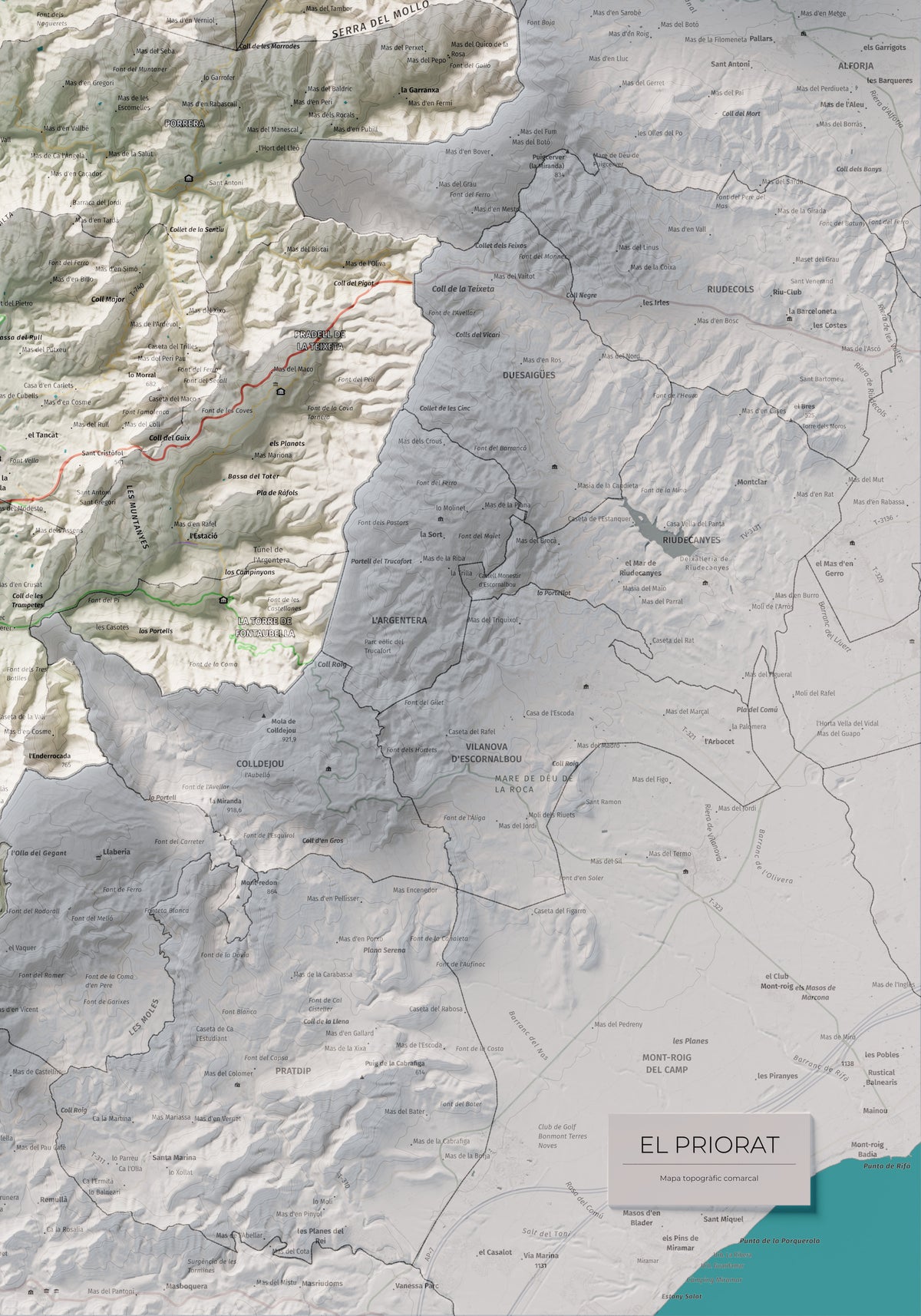 Mapa de relieve del Priorat, con el territorio en color y el entorno en blanco. Detalle de la zona inferior derecha. 70 × 100 cm. Estilo Cartográfico.