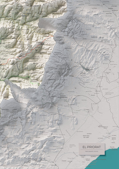 Mapa de relieve del Priorat, con el territorio en color y el entorno en blanco. Detalle de la zona inferior derecha. 70 × 100 cm. Estilo Cartográfico.