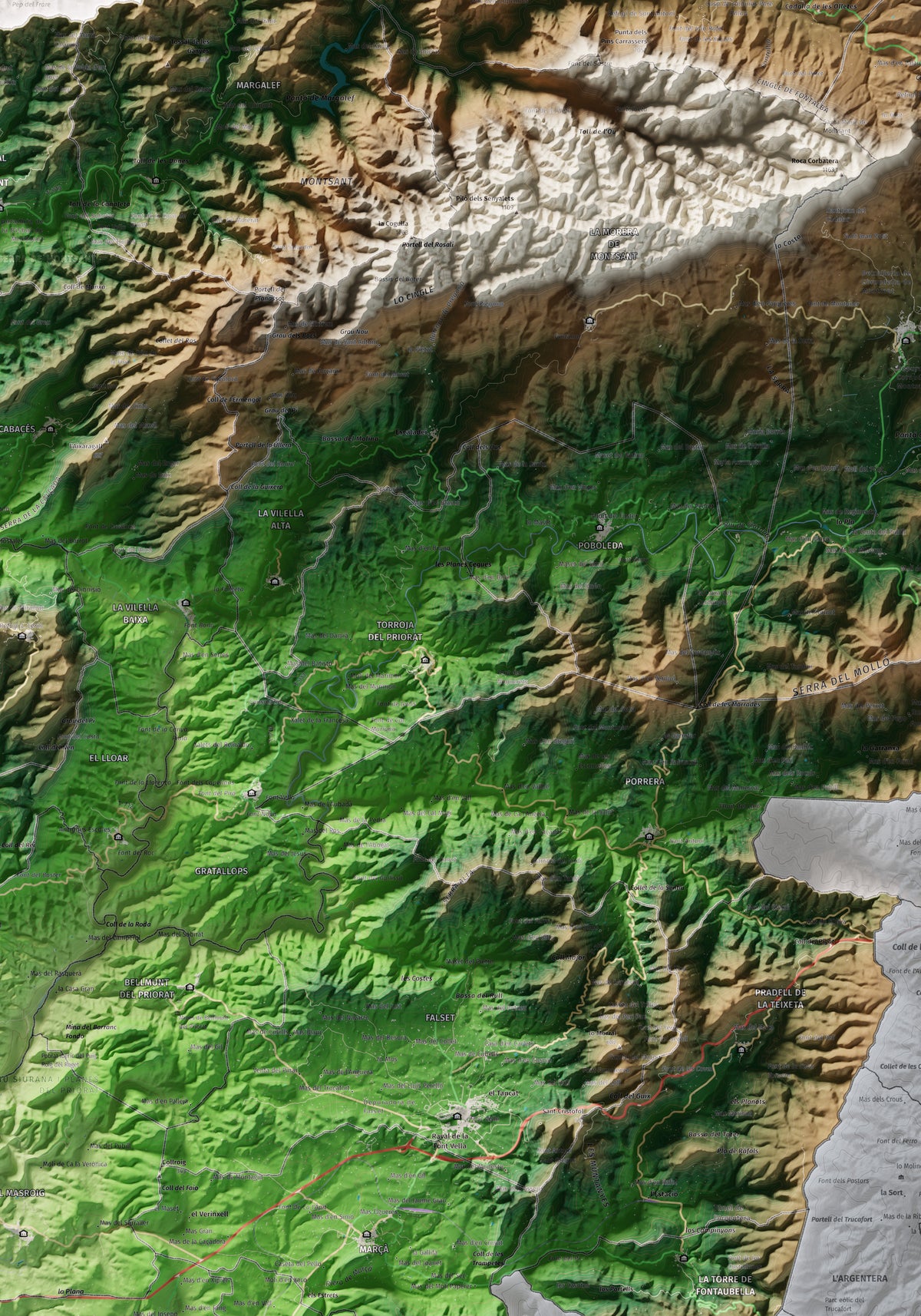 Mapa de relieve del Priorat, con el territorio en color y el entorno en blanco. Detalle de la zona central. 70 × 100 cm. Estilo Clásico.