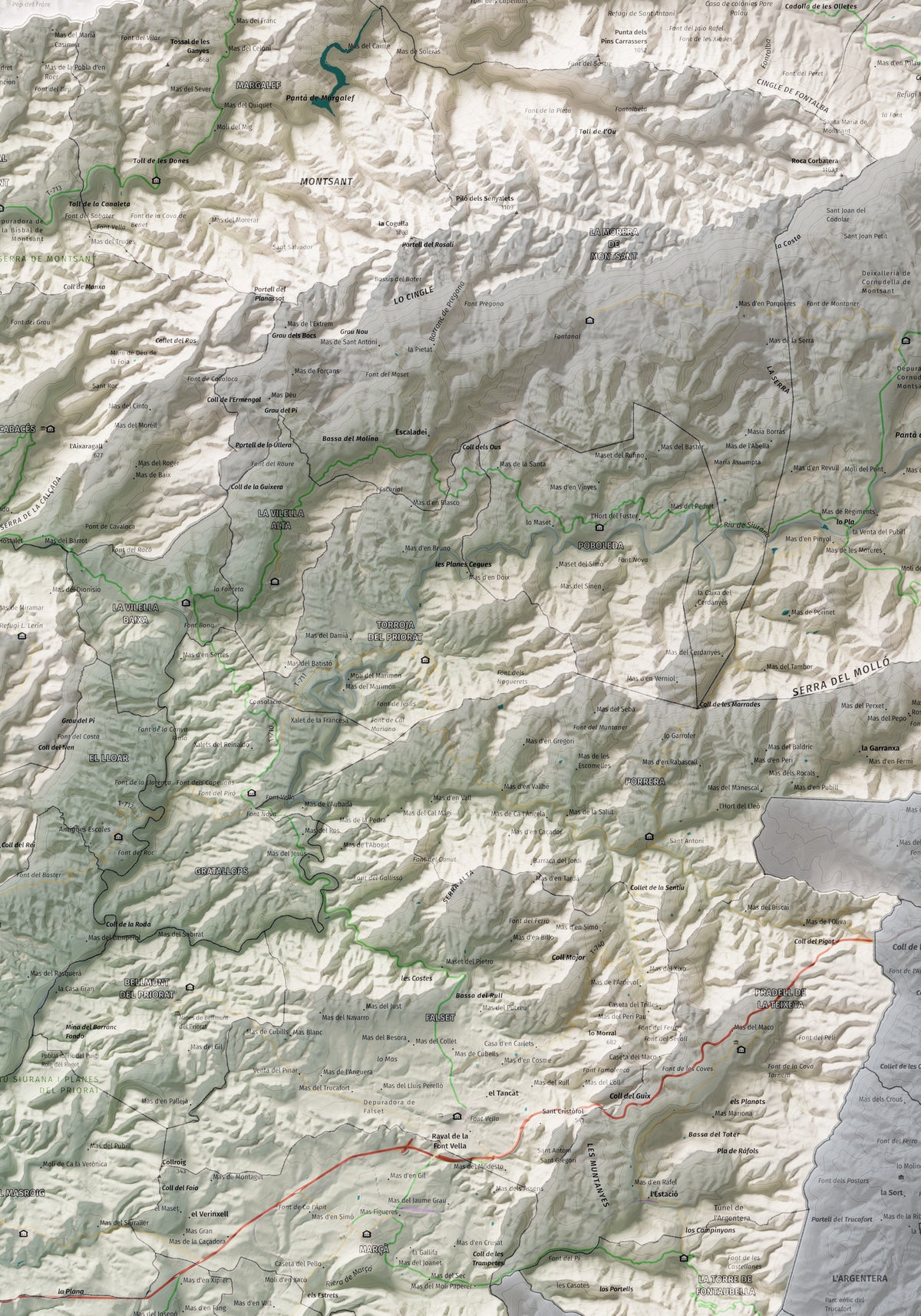 Mapa de relieve del Priorat, con el territorio en color y el entorno en blanco. Detalle de la zona central. 70 × 100 cm. Estilo Cartográfico.