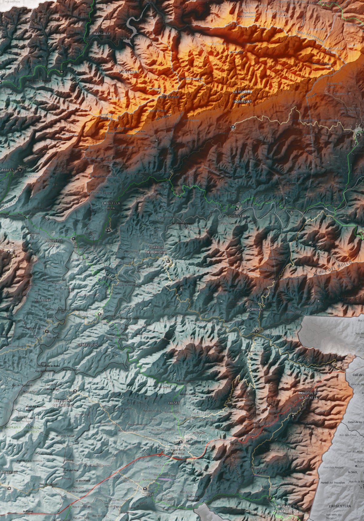 Mapa de relieve del Priorat, con el territorio en color y el entorno en blanco. Detalle de la zona central. 70 × 100 cm. Estilo Azul y naranja.