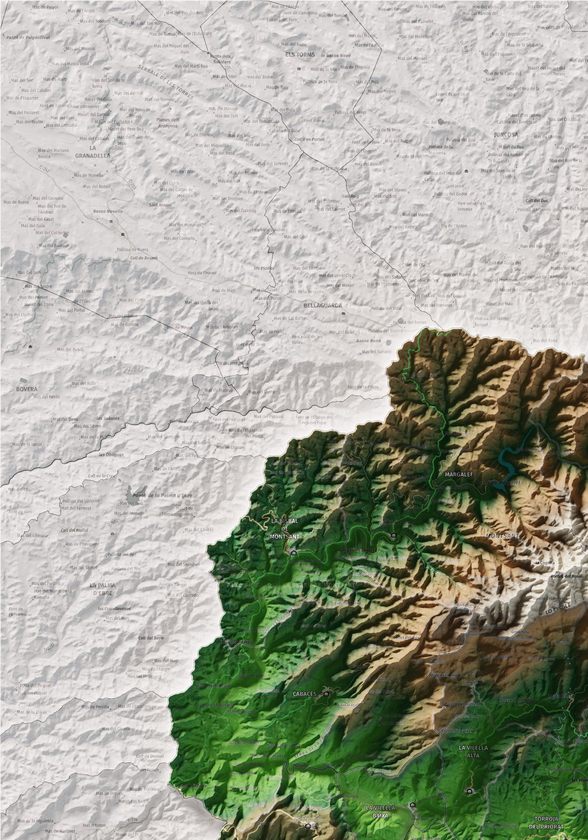 Mapa de relieve del Priorat, con el territorio en color y el entorno en blanco. Detalle de la zona superior izquierda. 70 × 100 cm. Estilo Clásico.