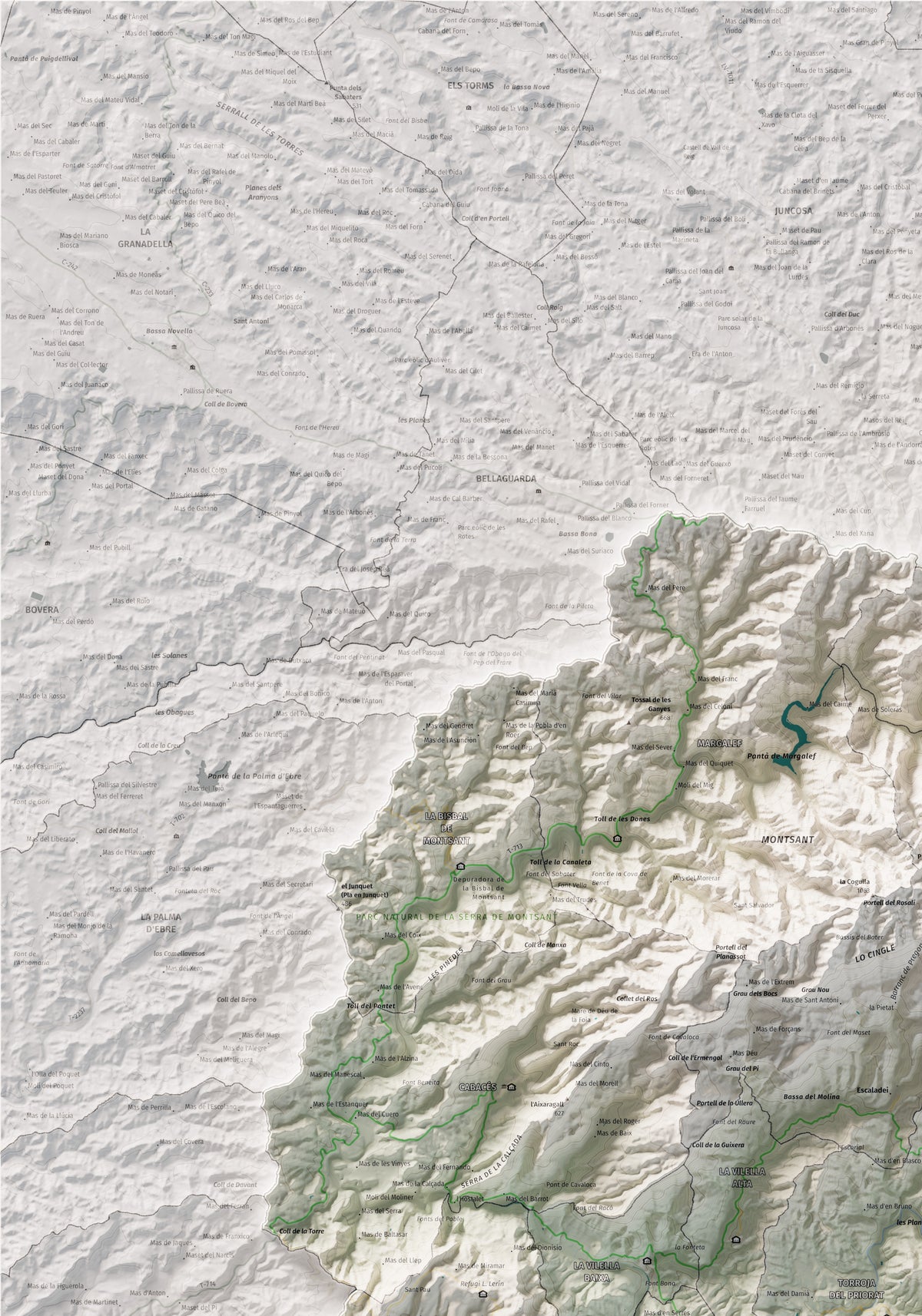 Mapa de relieve del Priorat, con el territorio en color y el entorno en blanco. Detalle de la zona superior izquierda. 70 × 100 cm. Estilo Cartográfico.