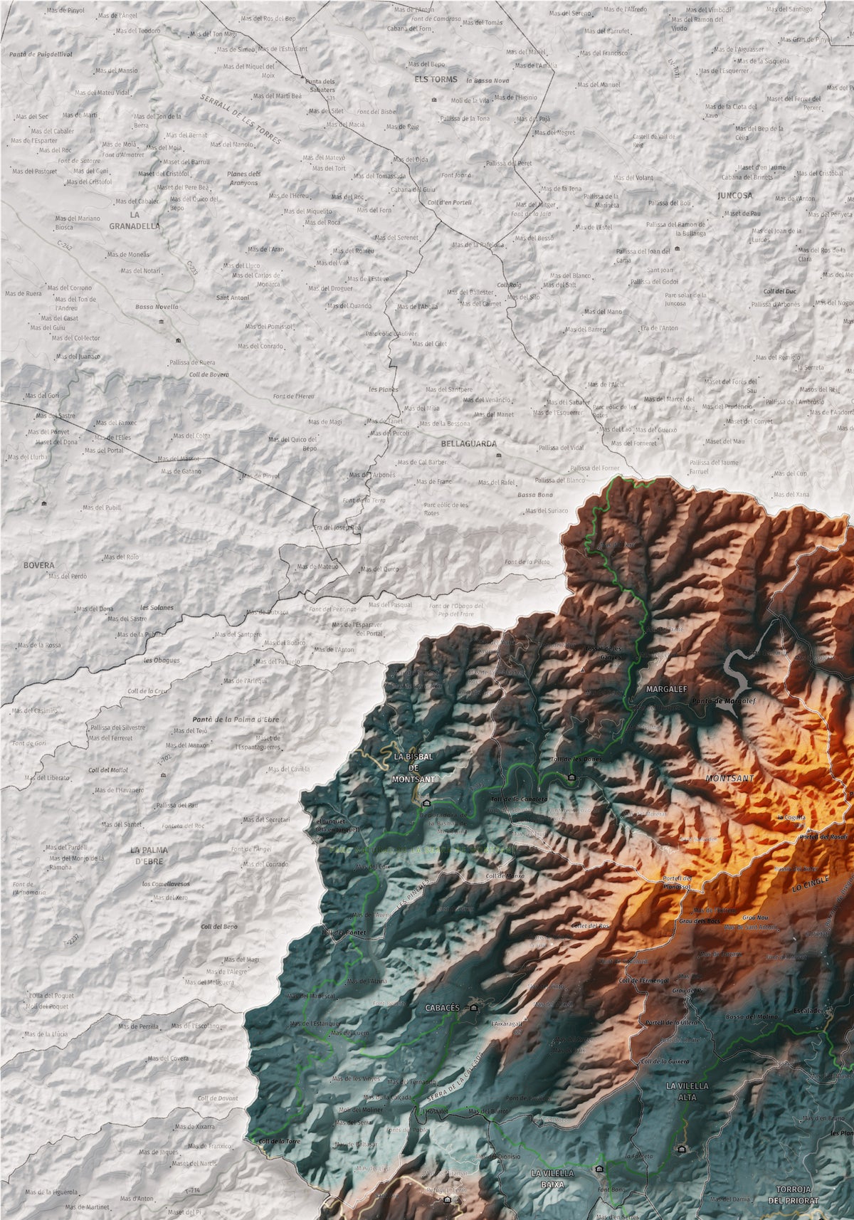 Mapa de relieve del Priorat, con el territorio en color y el entorno en blanco. Detalle de la zona superior izquierda. 70 × 100 cm. Estilo Azul y naranja.