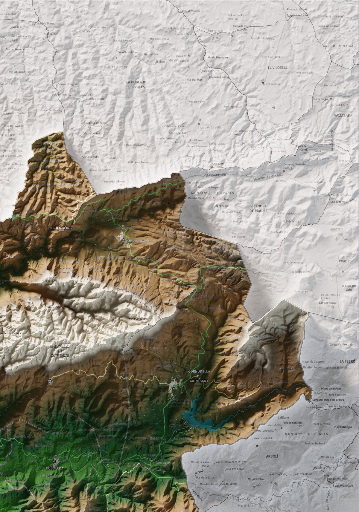 Mapa de relieve del Priorat, con el territorio en color y el entorno en blanco. Detalle de la zona superior derecha. 70 × 100 cm. Estilo Clásico.