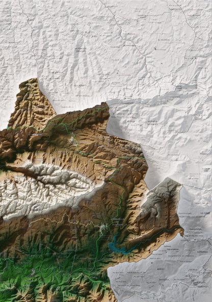 Mapa de relieve del Priorat, con el territorio en color y el entorno en blanco. Detalle de la zona superior derecha. 70 × 100 cm. Estilo Clásico.