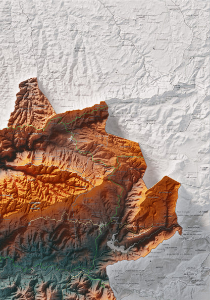 Mapa de relieve del Priorat, con el territorio en color y el entorno en blanco. Detalle de la zona superior derecha. 70 × 100 cm. Estilo Azul y naranja.