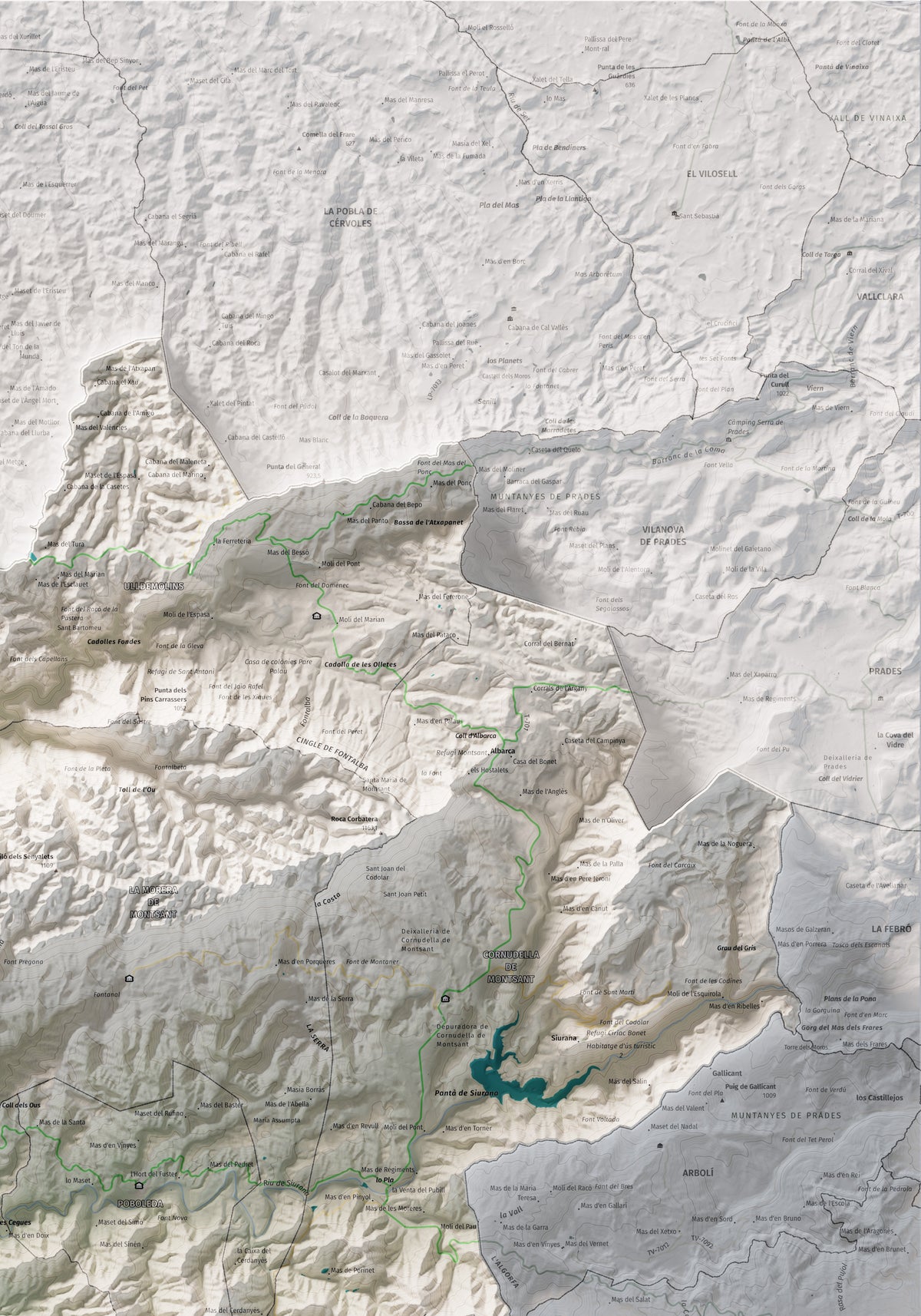 Mapa de relieve del Priorat, con el territorio en color y el entorno en blanco. Detalle de la zona superior derecha. 70 × 100 cm. Estilo Cartográfico.