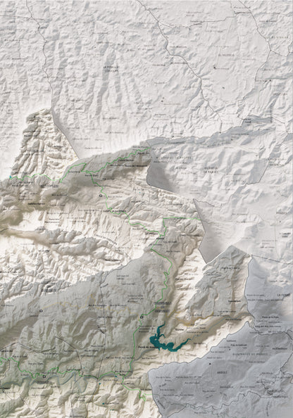 Mapa de relieve del Priorat, con el territorio en color y el entorno en blanco. Detalle de la zona superior derecha. 70 × 100 cm. Estilo Cartográfico.