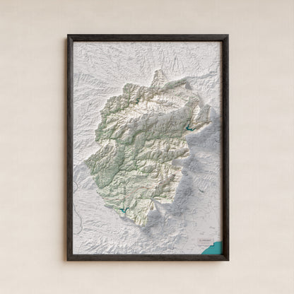 Mapa de relieve del Priorat, con el territorio en color y el entorno en blanco. Presentación con marco. 70 × 100 cm. Estilo Cartográfico.