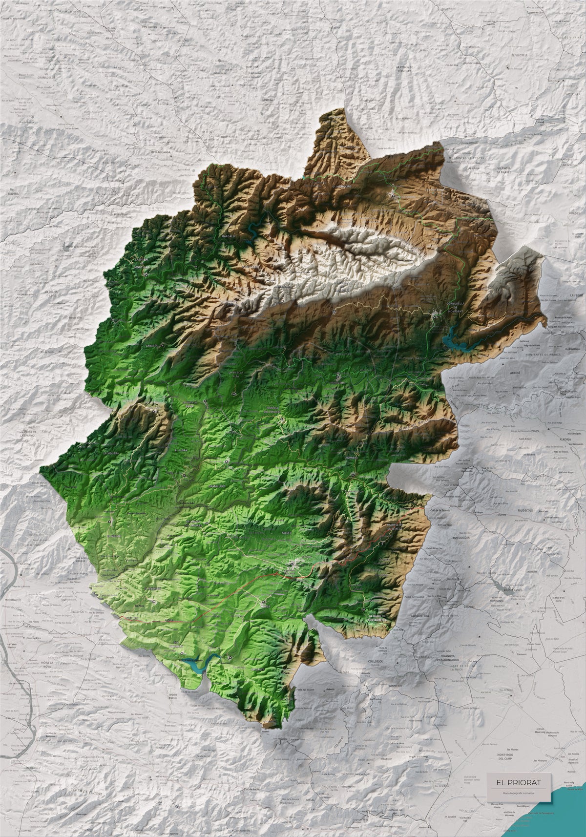 Mapa de relieve del Priorat, con el territorio en color y el entorno en blanco. Vista completa de la lámina. 70 × 100 cm. Estilo Clásico.