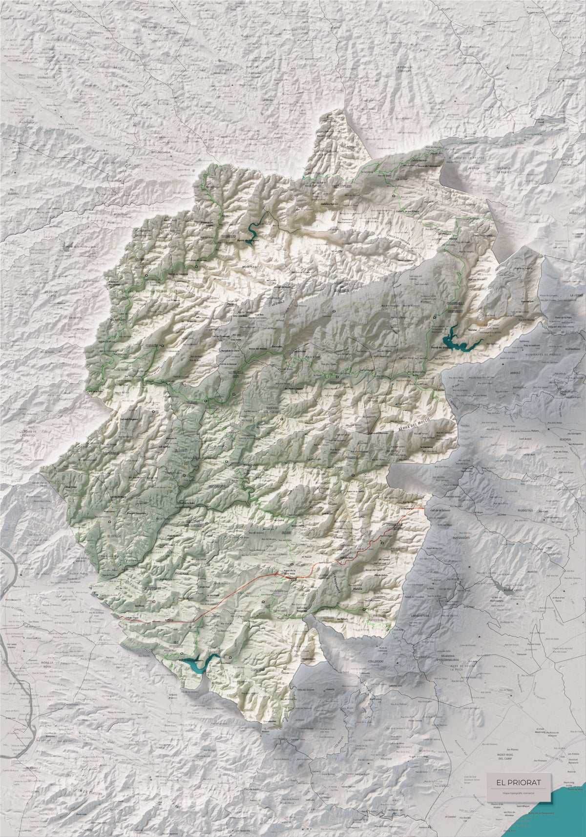 Mapa de relieve del Priorat, con el territorio en color y el entorno en blanco. Vista completa de la lámina. 70 × 100 cm. Estilo Cartográfico.