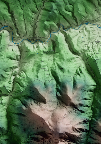 Mapa artístico del relieve de Prullans, a la Cerdanya, con 15 km de entorno y base topográfica ICGC. Detalle de la zona inferior izquierda.