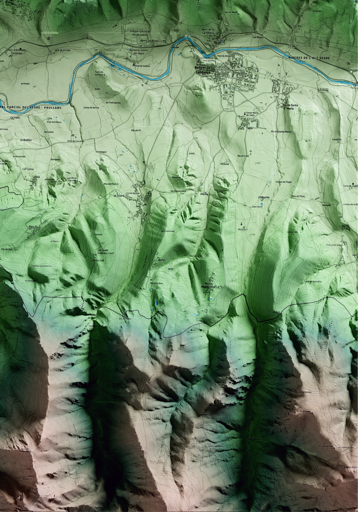 Mapa artístico del relieve de Prullans, a la Cerdanya, con 15 km de entorno y base topográfica ICGC. Detalle de la zona inferior derecha.