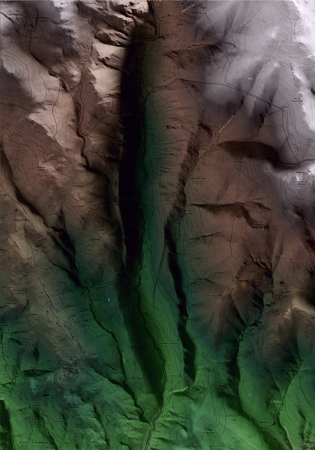 Mapa artístico del relieve de Prullans, a la Cerdanya, con 15 km de entorno y base topográfica ICGC. Detalle de la zona superior izquierda.