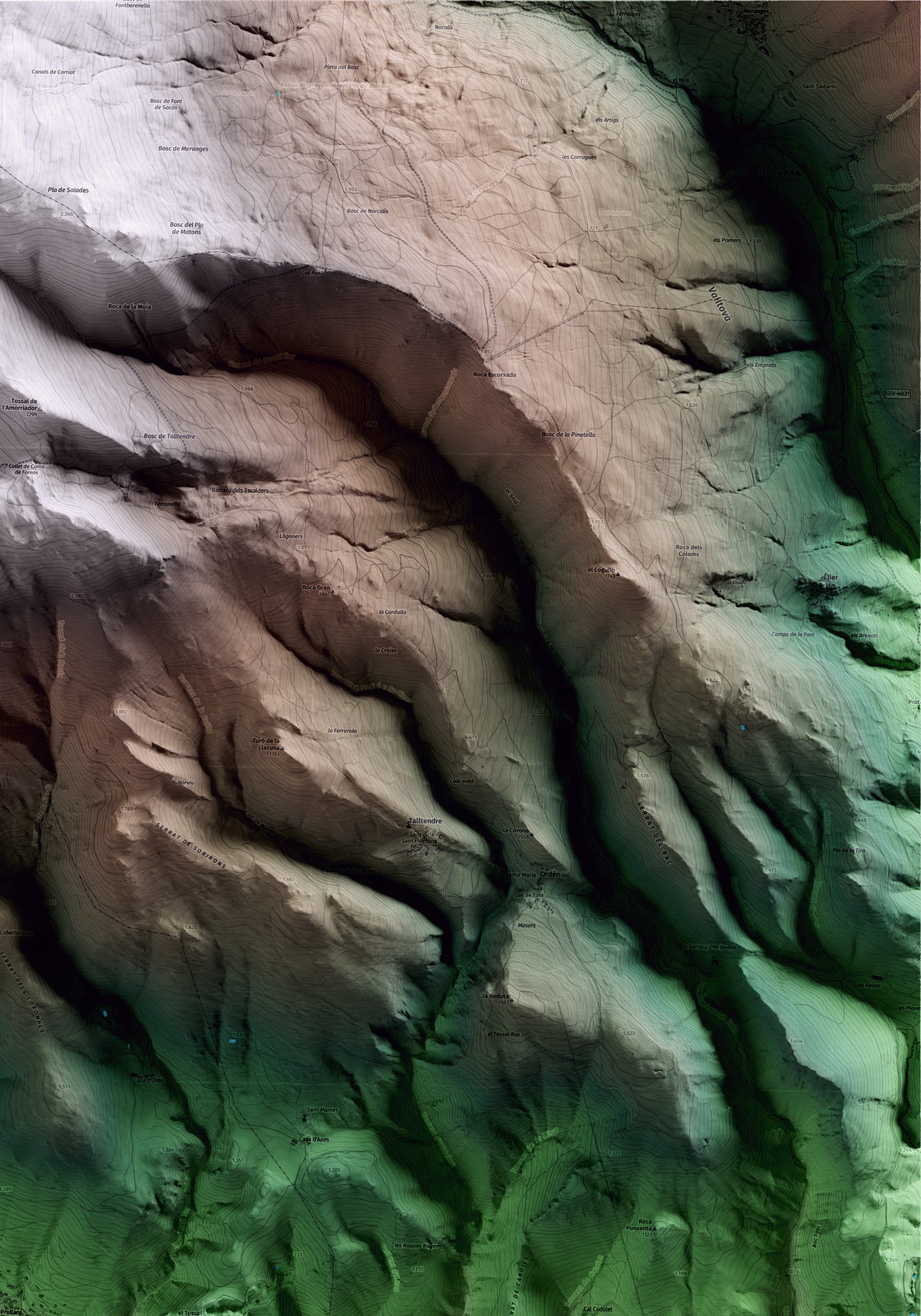 Mapa artístico del relieve de Prullans, a la Cerdanya, con 15 km de entorno y base topográfica ICGC. Detalle de la zona superior derecha.