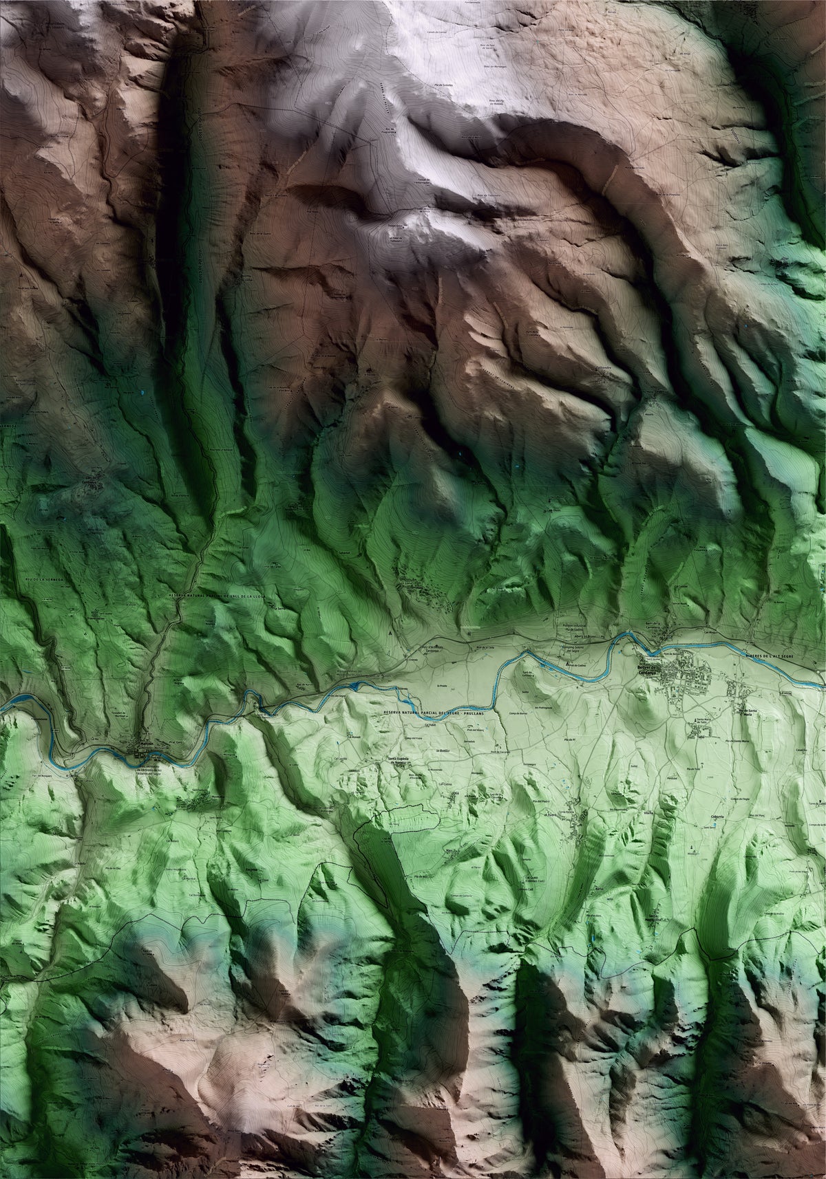 Mapa artístico del relieve de Prullans, a la Cerdanya, con 15 km de entorno y base topográfica ICGC
