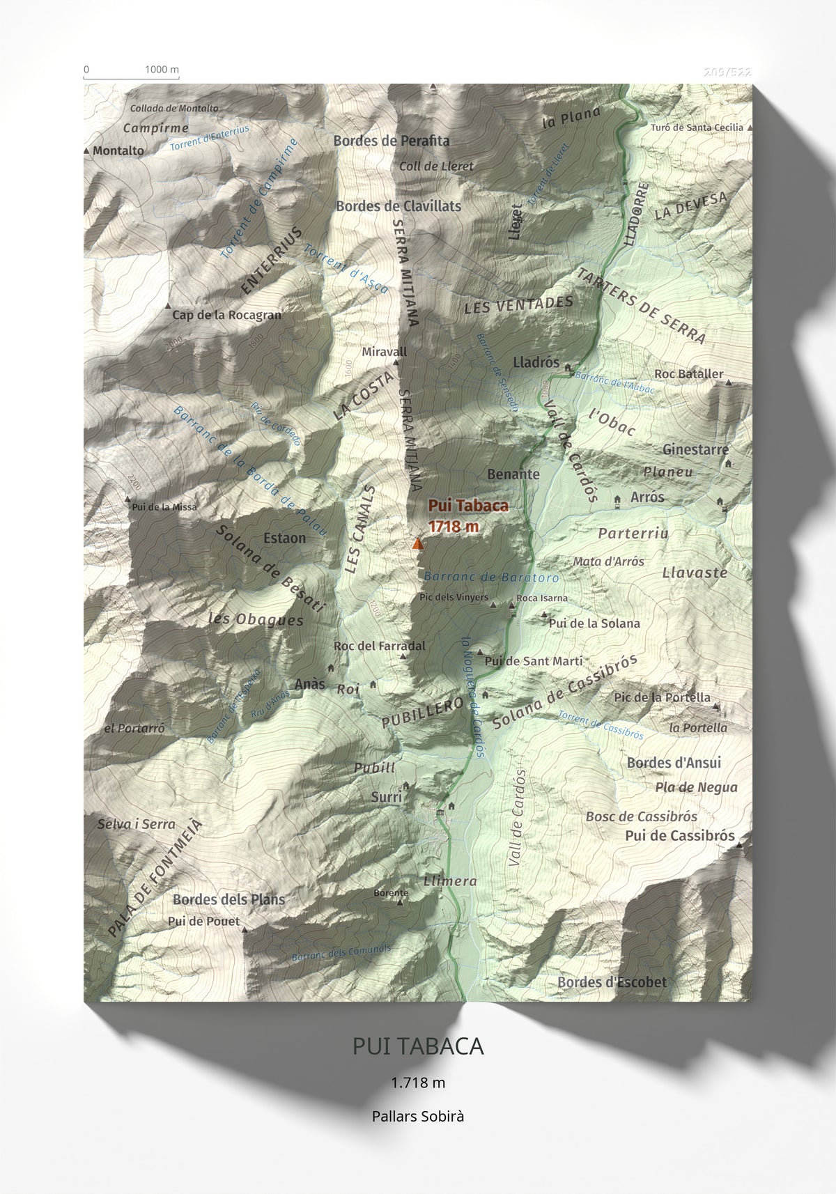 Mapa de relieve de Pui Tabaca, 1718 m, Pallars Sobirà, lámina 100 Cims de Trobart 21 × 30 cm.