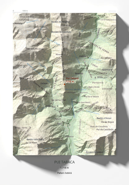 Mapa de relieve de Pui Tabaca, 1718 m, Pallars Sobirà, lámina 100 Cims de Trobart 21 × 30 cm.
