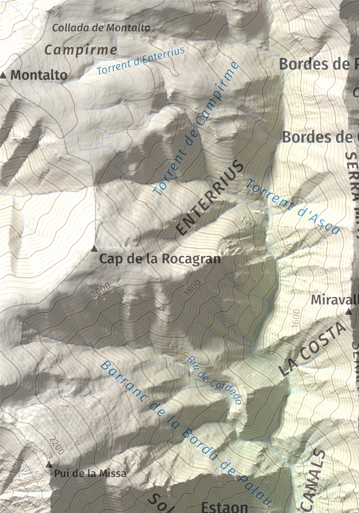 Mapa de relieve de Pui Tabaca, 1718 m, Pallars Sobirà, lámina 100 Cims de Trobart. Detalle de la zona superior izquierda. 21 × 30 cm.